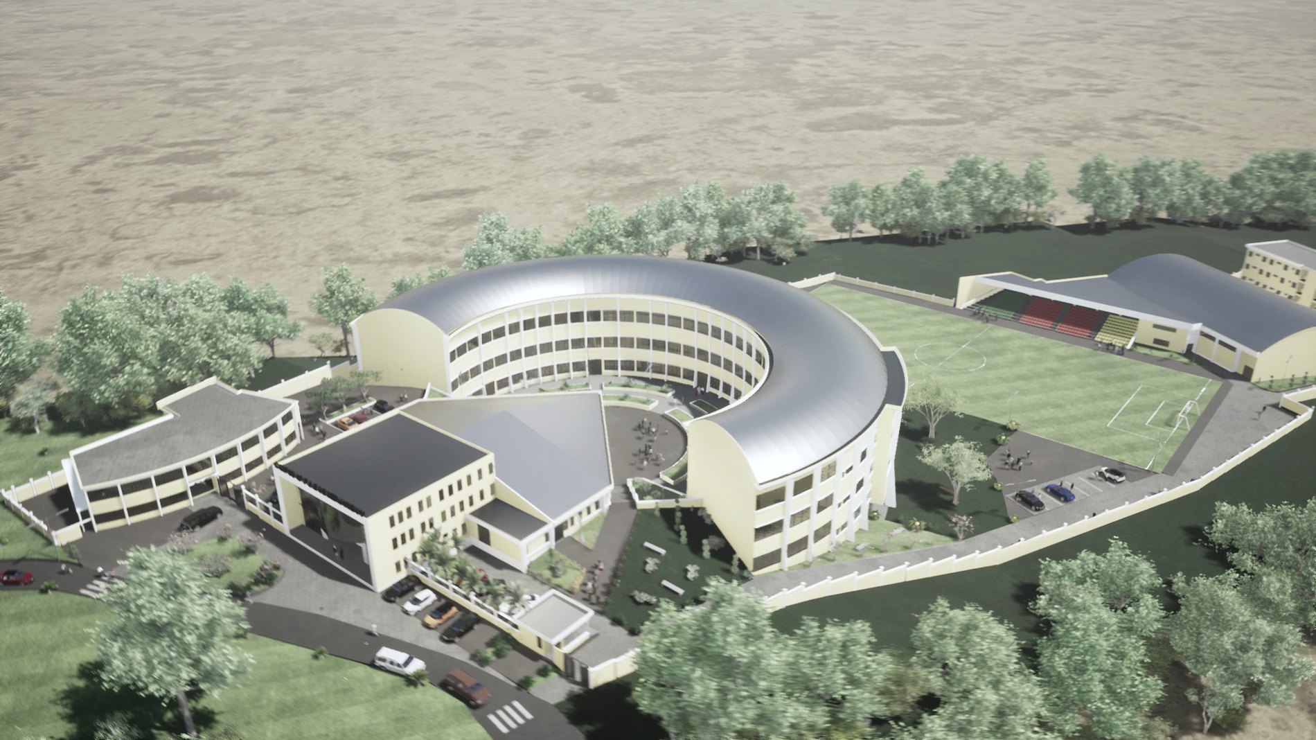 Vue aérienne du campus IPFSE à Mekoumbou, Yaoundé, rendu d'architecte